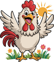 Cheerful cartoon rooster illustration, happy farm chicken character, sun and flower background, vector barnyard bird, cute poultry mascot, animated rural animal clipart design