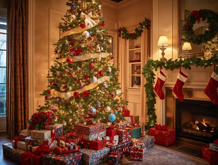 a large Christmas tree decorated with Christmas balls, lights, stars in the middle of the living room with lots of Christmas presents underneath
