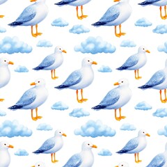 Playful Seagull Pattern with Clouds Design, endless seamless texture rapport element