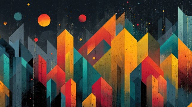 Abstract visualization with vibrant geometric shapes representing data analysis on a dark backdrop - Powered by Adobe