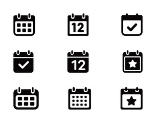 A collection of black solid vector icons of calendars with different symbols like dates and checkmarks, for scheduling and planning.