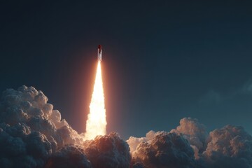 Rocket launch, erupting in clouds of smoke