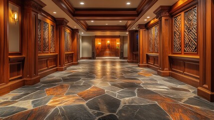 Elegant hallway with wood paneling stone flooring and ambient lighting creating a luxurious and inviting atmosphere
