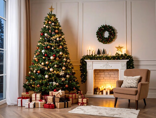 Christmas stockings hung on the chimney with a lounge chair in front of them. Christmas Eve atmosphere