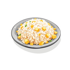 Illustrated bowl of fluffy white rice with yellow fruit cubes and fresh green leaves.