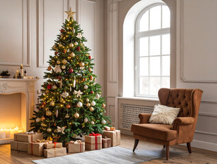 Christmas stockings hung on the chimney with a lounge chair in front of them. Christmas Eve atmosphere