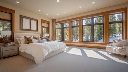 Bright and spacious bedroom with large windows showcasing a snowy forest view in a luxury home interior design