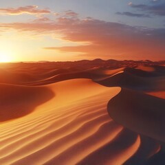 砂漠風景 夕暮れ時の砂丘の波紋と太陽の光が織りなす黄金色の風景