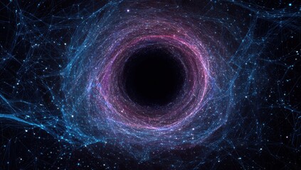 A swirling vortex of cosmic energy, a black hole at the center, surrounded by ethereal filaments and stardust