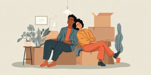 Couple relaxing together amidst moving boxes in a cozy indoor setting during daylight hours
