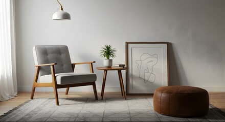 Modern Mid-Century Living Room Interior with Armchair, Potted Plant, and Abstract Art