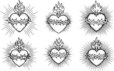 Obraz premium Set of Sacred Heart of Jesus Christ in Thorns, Hand-Drawn Line Art and Dotwork Vector Illustration for Flash Tattoo or Vintage Print Design
