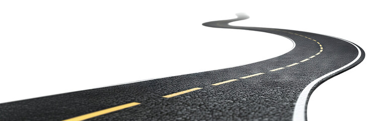 Curved asphalt road with dashed yellow lines, isolated on transparent cutout background