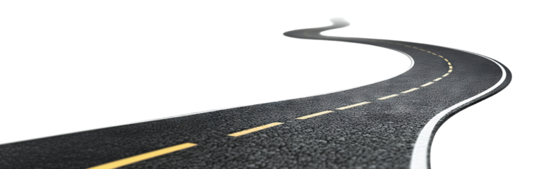 Curved asphalt road with dashed yellow lines, isolated on transparent cutout background