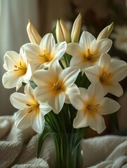 Obraz premium 静かな白いユリの花束 淡いクリーム色の背景 花瓶の中で繊細な光を浴びる