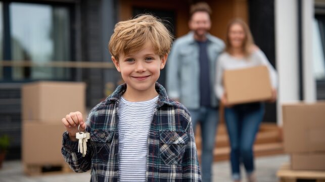Young boy holding keys in front of new home with parents moving boxes in the background during sunny day - Powered by Adobe