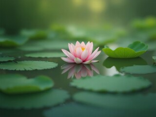 ソフトな照明の池に浮かぶピンク色の睡蓮と緑色の葉