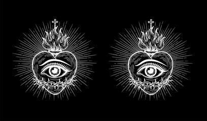 Obraz premium Set of All Seeing Eye of God in Sacred Heart with Rays of Light and Sunburst, Hand-Drawn Isolated Vector Illustration for Blackwork Flash Tattoo or Print Design