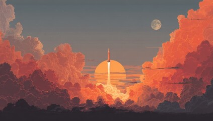 Rocket launch at sunset through colorful clouds