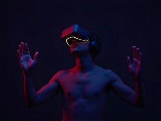 Man Wearing Black VR Headset Immersed in Digital World with Red and Blue Lighting Against Dark