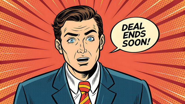 Shocked businessman in a suit with a tie expresses urgency about a deal ending soon in a pop art comic style - Powered by Adobe