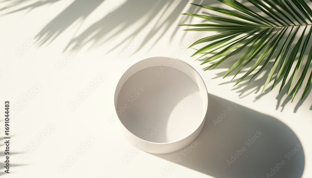 Poster top view mock up of white cylinder frame with palm leaf shadows for product display. a creative summ