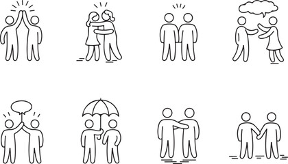 Versatile Collection of Line Art Icons Representing Diverse Human Interactions, Including Friendship, Mutual Support, Effective Communication, Collaboration, and Empathy in Social Dynamics