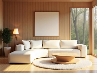 木製の壁と大きな窓がある明るいリビングルームには白いソファと円形のラグがある