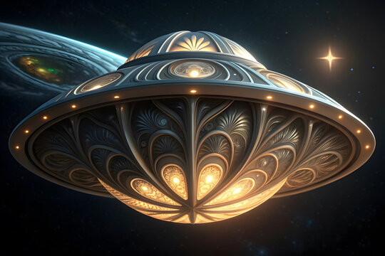 Ornate alien spacecraft orbiting glowing planet in deep space spaceship