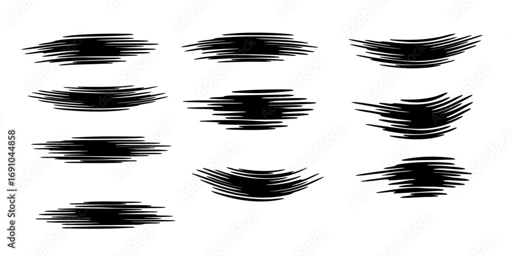 Poster collection of abstract black brush strokes and lines arranged in various horizontal formations on wh