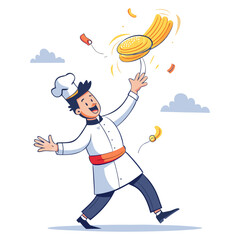 Male chef catching falling pasta noodles from sky, whimsical cooking illustration, playful food art, culinary vector design, Italian cuisine concept