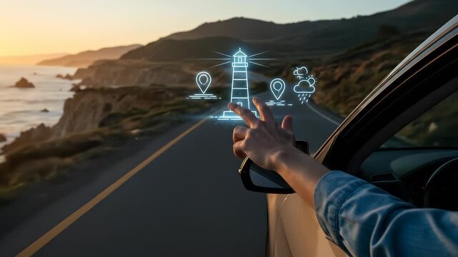Road Trip Planning: Hand interacts with digital icons representing a lighthouse beacon during a scenic coastal highway journey at sunset, blending technology with travel inspiration.