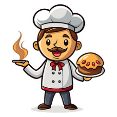 Male Chef Holding Delicious Pie with Steam Smiley Face, Fun Culinary Cartoon Vector Illustration for Cooking, Bakery, Food Lovers
