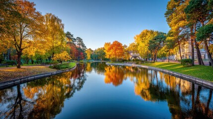 Autumn park reflecting in a calm canal