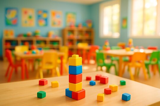 Vibrant preschool classroom filled with colorful toys and learning materials