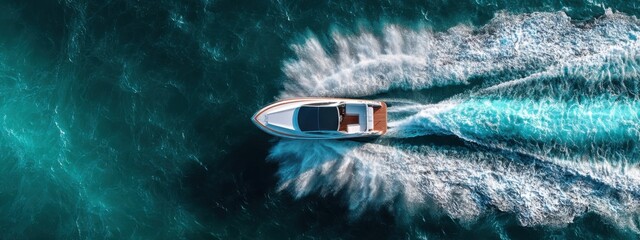 High-angle view of a speedboat cutting through turquoise water (5)