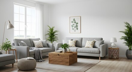 Modern Scandinavian Living Room with Gray Sofas, Plants, and Natural Light