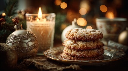 Obraz premium Cozy Holiday Scene with Cookies, Candle, and Christmas Decor