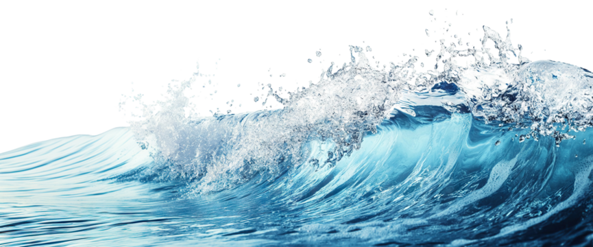 Powerful sea wave in motion with drops, isolated on transparent cutout background