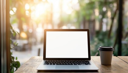 Blank Screen Laptop Or Notebook Placed On A Wooden Table, Surrounded By A Blurry Coffee Shop And Green Bokeh Of Nature, With Morning Sunlight Filtering Through.