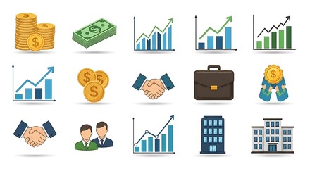 Set of financial and business icons representing growth investment and success