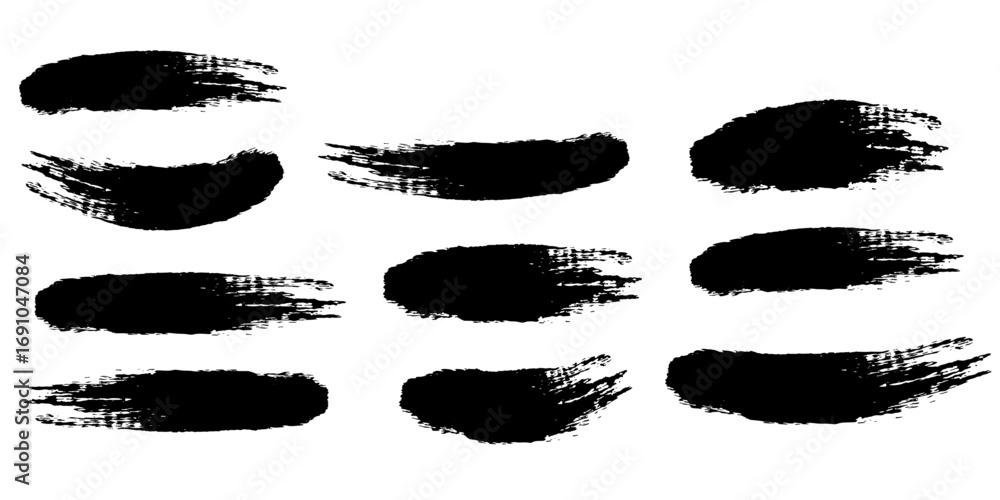 Poster collection of eleven black brush strokes with textured edges arranged on a white background in a pat