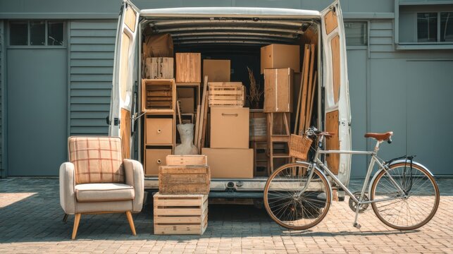 Moving van filled with furniture and moving boxes during daylight in an urban area