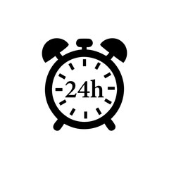 Alarm clock icon showing 24 hour service availability. black alarm clock