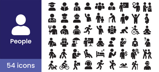 People icon set with user, person, and avatar glyph symbols for human lifestyle and activity. Includes diverse characters, professions, and family pictograms.

