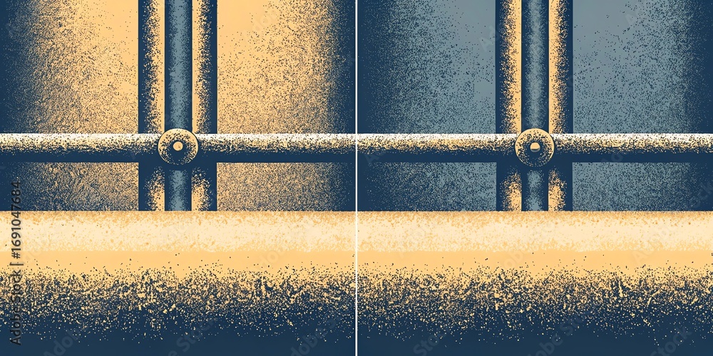 Poster close up abstract texture of weathered metal fence with sunlight casting long shadows and creating a