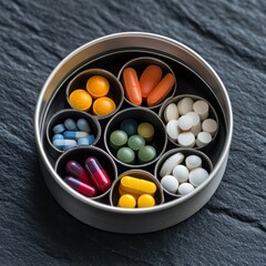 Assorted colorful pills and capsules organized in a round metal container on a dark textured surface