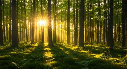Fototapeta premium Sunlight streaming through tall trees in a dense green forest