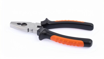 Fototapeta premium Render two black-and-orange pliers side by side with jaws facing forward, featuring gripping surfaces and cutting edges, isolated on white background, emphasizing tool design and utility.