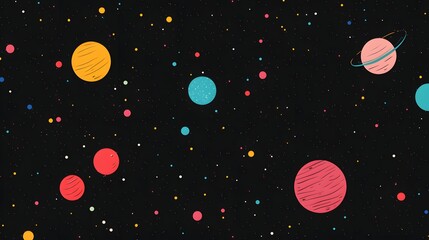 A whimsical and vibrant illustration of colorful planets and twinkling stars, scattered across the dark canvas of the universe, an ideal playful cosmic background